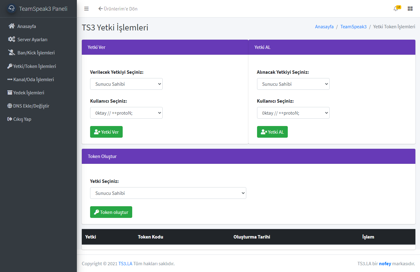 Teamspeak3 Panel Yetki, Token Ayarları
